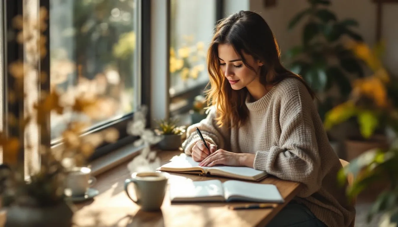 A person is sitting at a cozy table, journaling peacefully on a Monday morning, surrounded by soft light and a calming atmosphere. This scene embodies the concept of self-care and achieving work-life balance, as they focus on their thoughts and tasks for a more productive week ahead.